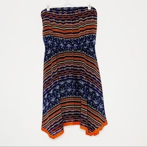 Maeve Strapless navy orange print dress